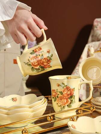 1 件优质复古风格玫瑰花陶瓷杯，适合家庭、俱乐部、咖啡厅、办公室咖啡杯使用