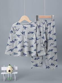 2pcs Young Boys' Dinosaur Allover Print Long Sleeve Pajama Set, Lightweight For Spring & Summer - Grey - View 2