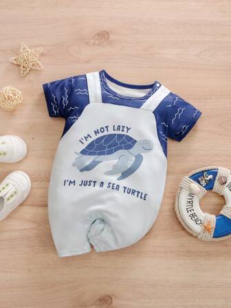 Infant Sea Turtle & Letter Design Short Sleeve Jumpsuit, Cute Indoor Outdoor Casual Romper For Baby Boys & Girls