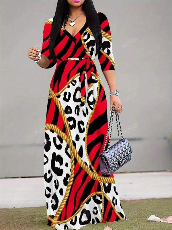 Plus Size Women's Red & White Leopard Print Dress, V-Neck With Tie Detail And 3/4 Sleeve