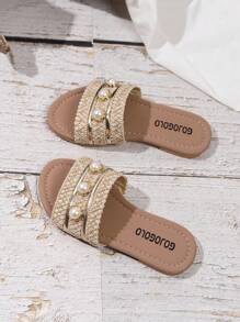 1 Pair Girls Artificial Button Decor Anti-Slip Round Toe Flat Sandals, Fashion Casual Beach Daily Wear