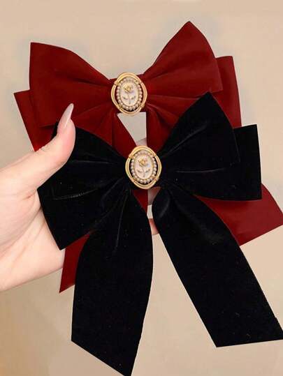 2个装女士复古法式植绒蝴蝶结发夹，带丝带，后脑勺发饰，甜美浪漫设计，可爱情人节发饰，女士发夹，学生用品，优雅，学院风，蝴蝶结，发卡