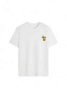 Camiseta de manga corta con cuello redondo, estampado de cóctel y eslogan para mujer. Estilo casual, suelto y versátil para vacaciones. Conjunto de moda de verano adecuado para el uso diario de vacaciones