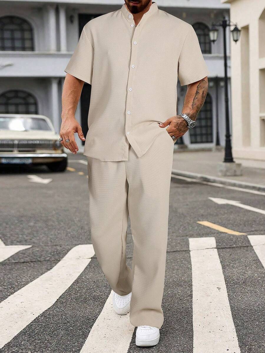 2 件套男士休闲格子短袖上衣和抽绳腰裤套装，春夏 - 杏色 - 查看 1