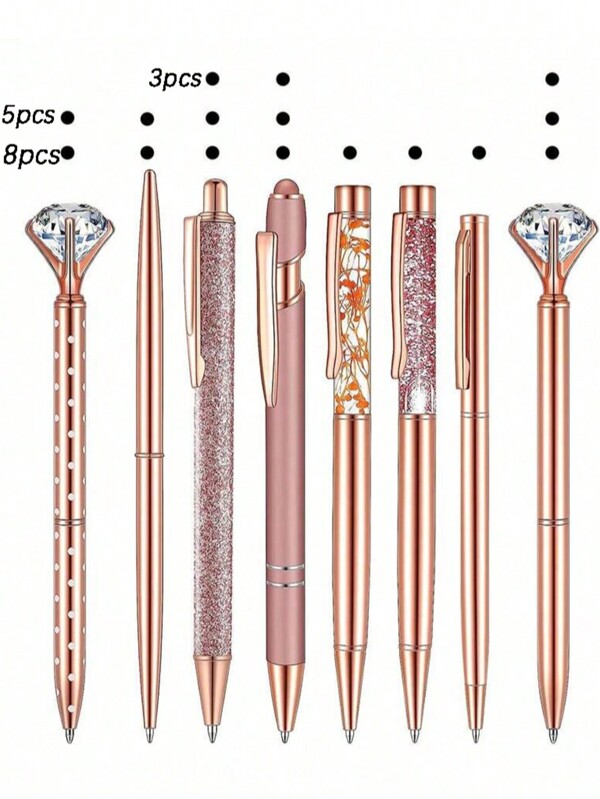 3/5/8 pièces Stylos à bille dorés rose avec liquide scintillant, décoration de cristaux et de strass, encre noire. Fournitures de bureau/mariage, retour à l'école