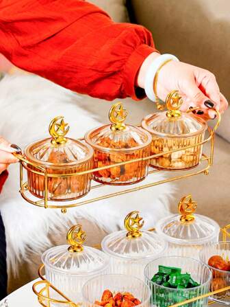 4 件（1 托盘 3 罐）、5 件（1 托盘 4 罐）、7 件（1 托盘 6 罐）塑料星星、月亮、灯笼多功能储物罐，密封容器，适用于客厅、餐厅、厨房，适用于谷物、糖果、饼干、面包、户外使用、婚礼、派对、礼物、生日