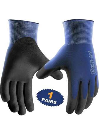 FOUR-AM 1pair Ultra-Thin PU Coated Work Gloves,Excellent Grip,Nylon Shell Black Polyurethane Coated Safety Work Gloves, Knit Wrist Cuff,Ideal For Light Duty Work,Kitchen,Bathroom,Home,Household Supplies