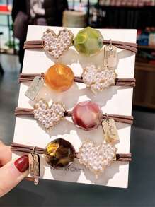 4pcs/8pcs/16pcs Women's Spring & Summer Heart-Shaped Pearl & English Letter Elastic Hair Ties, Elegant & Chic Street Style, Made Of Polyester Fiber (Polyester) Pearl, Spring & Summer - Multicolor - View 8