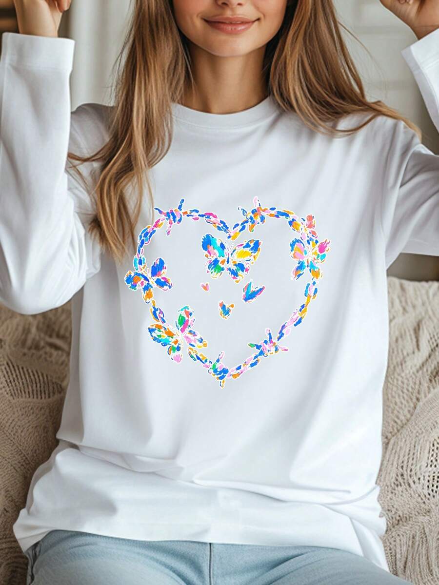 Women's Plus Size T-Shirt Valentine's Day Love Butterfly Thorns Chain Heart Print Fashion Long Sleeve Round-Neck Loose Fit Tee Casual Streetwear - White - View 1