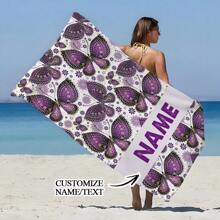 1pc Personalized Beach Towel, Purple Butterfly Print, Super Soft Microfiber, Absorbent & Quick Drying, Rectangular Beach Towel, Suitable For Beach, Swimming, Fitness, Lightweight,Women Valentine Gift Birthday Boyfriend Girlfriend