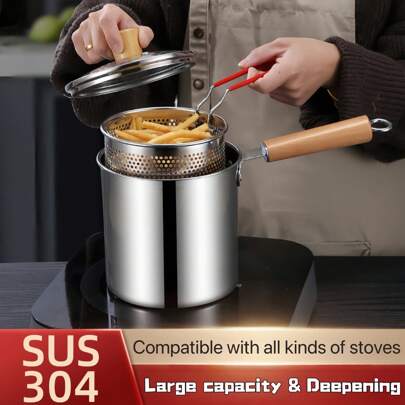 2pcs Stainless Steel Pot Set With Basket-Style Strainer, Made In Italy, Deep Fryer With Filter Net, Quick Draining, Suitable For All Stoves, Kitchen Use, Ideal For Frying Fries, Chicken, Noodles And Dumplings.