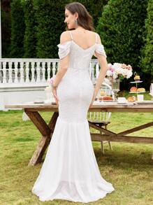 MIUSOL 白色花朵蕾丝露肩鱼尾下摆婚礼派对修身长裙，新娘