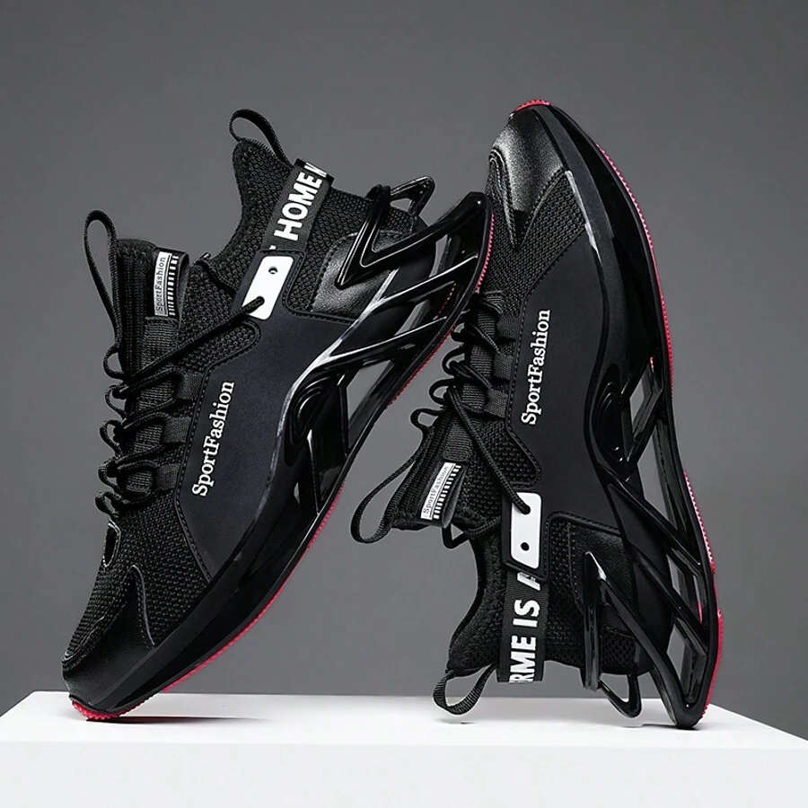 Sapatos com Sola de Lâmina Extremamente Confortáveis - Design Moderno e da Moda, Apresentando Tecnologia Superior de Amortecimento e Elegante Padrão de Listras - Projetado para Homens, Adequado para Corrida ao Ar Livre, Exercícios, Caminhadas e Exploração em Todas as Estações - Preto - Visão 1