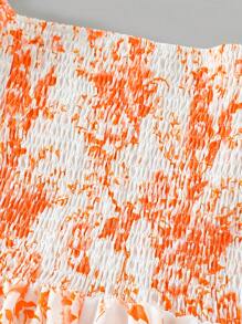 女童泡泡袖荷叶边花卉印花松紧腰公主裙，适合派对、海滩、度假、夏季