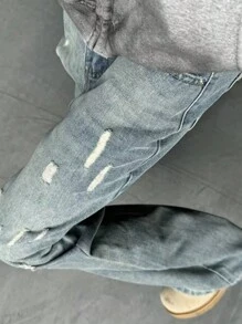 Teenage Boys' Vintage Blue Washed Vertical Stripe Distressed Casual Jeans, Spring/Autumn New American Style Mid/Plus Size Boys Retro Ripped Straight Leg Trousers