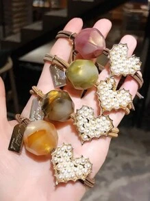 4pcs/8pcs/16pcs Women's Spring & Summer Heart-Shaped Pearl & English Letter Elastic Hair Ties, Elegant & Chic Street Style, Made Of Polyester Fiber (Polyester) Pearl, Spring & Summer - Multicolor - View 10