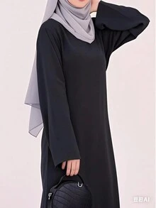 Women's Casual Solid Color Arab Style Maxi Dress,Modest - Black - View 2
