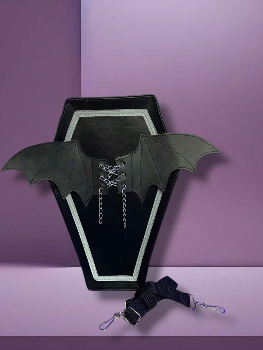 Mochila en forma de ataud con alas chicas y cadena, con correa ajustable y desmontable - Negro - Ver 1