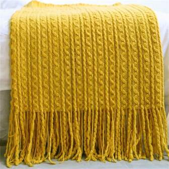 1 Pc Comfortable Nordic Style Knitted Sofa Blanket With Tassels - Stain Resistant, Handwash, All Season Polyester Cozy Design, Suitable For Sofa, Bed, Office And Travel