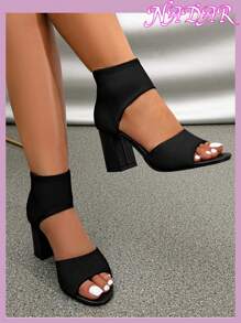 春夏女士简约粗跟高跟踝带凉鞋，优雅黑色高跟凉鞋 - 黑色 - 查看 2