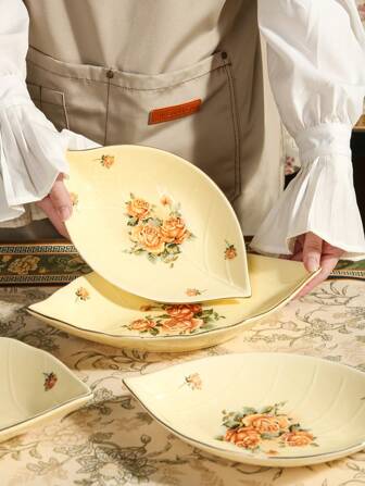 1 件欧式叶形陶瓷盘，带金色饰边，设计独特，2 种尺寸可选，适合餐厅/家庭使用、餐盘、水果盘、厨房餐具 - 时尚