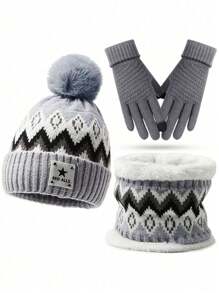 Conjunto de 3 peças: gorro de tricô com punho, cachecol e luvas. Inclui gorro térmico com letras, cachecol de lã e luvas de inverno com dedos completos. Ideal para homens e mulheres. Gorro casual de lã, resistente ao vento e ao frio, com cachecol de pelúcia grosso e luvas jacquard. Perfeito para presentes de Natal e Dia dos Namorados. - Multicolorido - Ver 14