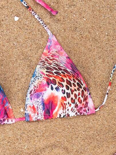 Set de 3 piezas de bikini con sujetador triangular sexy estampado de leopardo y falda, para verano y vacaciones en la playa