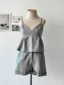 Women's Set Shorts + Cropped Top Ruffle - Grey - View 1