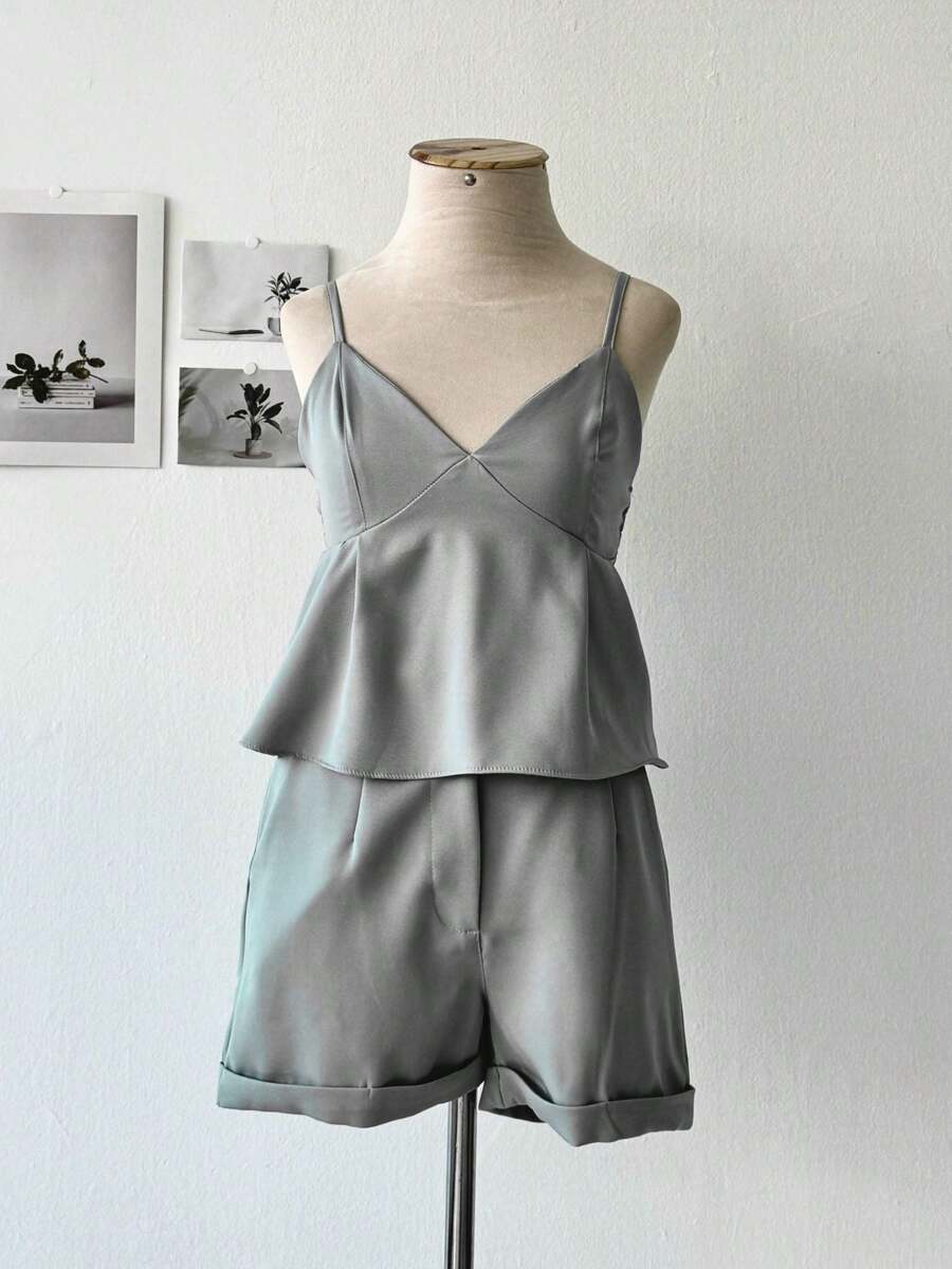 Women's Set Shorts + Cropped Top Ruffle - Grey - View 1