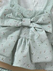 Baby's Bowknot Decor 2pcs Floral Pattern Summer Outfit, Peplum Top & Shorts Set, Toddler & Infant Girl's Clothes For Daily/Holiday, As Gift - 綠色 - 查看 4