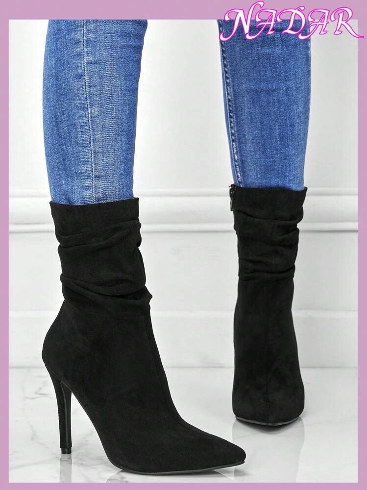 Bottes de mode à zip latéral, pointe pointue, plissées pour femmes. Bottes mi-mollet fines, élégantes et extérieuresde 10 cm, pour l'automne/hiver