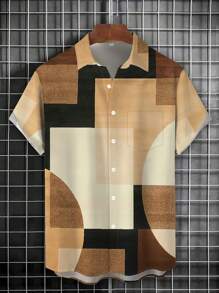 Vintage Geometric Colorblocked 3D Print Men's Button-Down Short Sleeve Shirt - Khaki - View 2