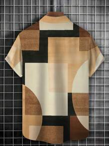 Vintage Geometric Colorblocked 3D Print Men's Button-Down Short Sleeve Shirt - Khaki - View 3