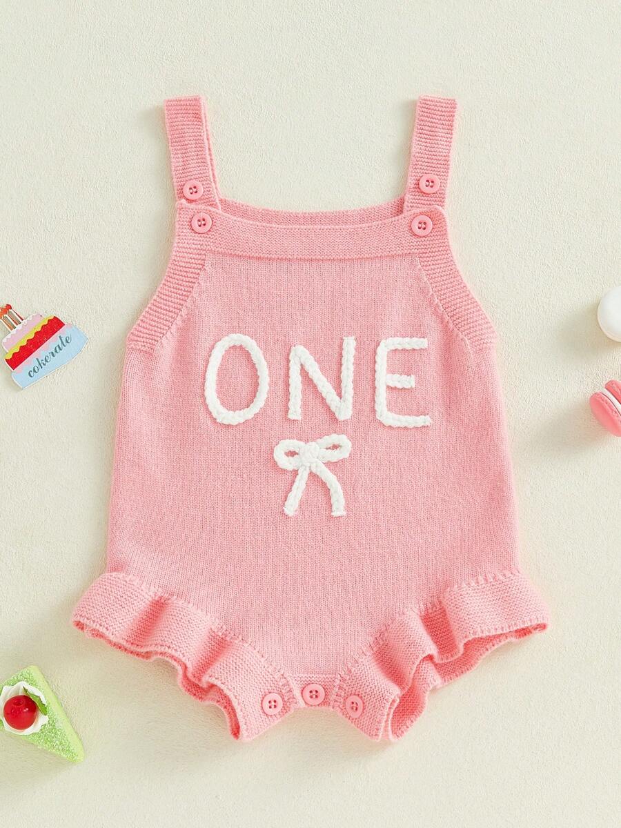 First Birthday Outfit Girl Sleeveless Bow One Embroidered Crochet Knit Romper Baby Girl 1st Birthday Clothes Summer One Piece - 粉色 - 查看 1