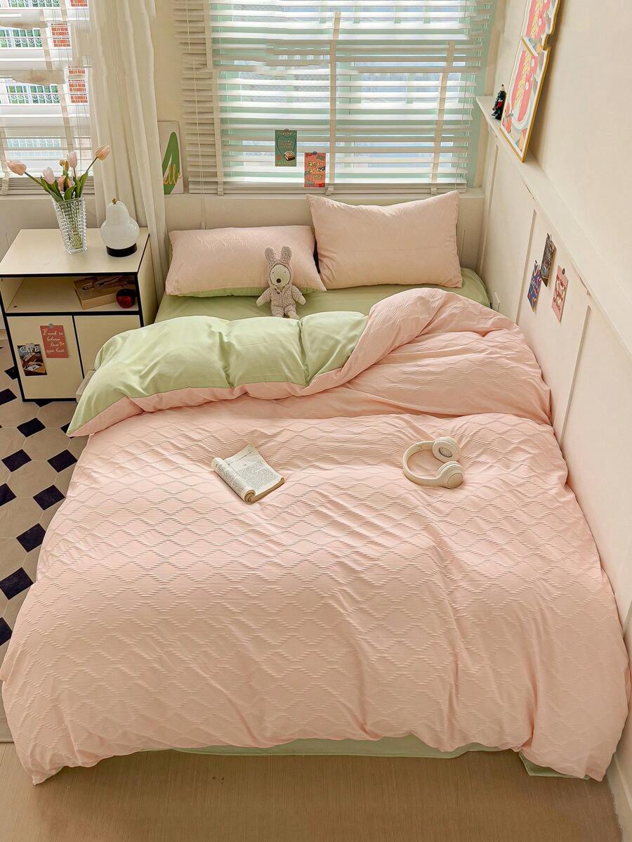 3/4pcs Solid Color Jacquard Quilt Cover Set, Bedding Set With Quilt Cover + Pillowcase + Bed Sheet Combination, Suitable For Student Dormitories, Hotels, Weddings And Other Scenes, Bedding Used In Spring And Summer, Machine Washable, Back To School - Pink - View 1