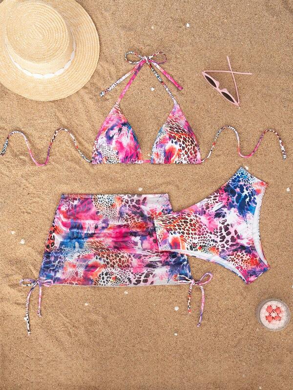 Set de 3 piezas de bikini con sujetador triangular sexy estampado de leopardo y falda, para verano y vacaciones en la playa