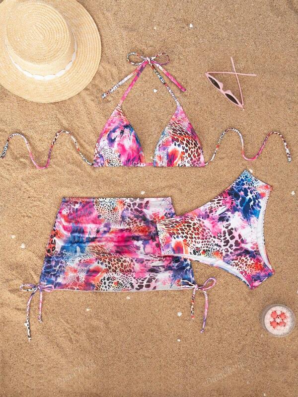 3 pezzi Set bikini con stampa leopardata, triangolo sexy, con top a halter e gonna, adatto per vacanze estive in spiaggia