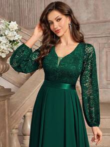 MIUSOL Đầm dạ hội maxi ren hoa thanh lịch, cổ chữ V sâu, tay phồng, viền bèo nhún. - Màu xanh lá cây đậm - Xem 9