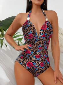 Summer New Fashion Floral Print One-Piece Swimsuit, Women Sexy V-Neck Backless Beach Holiday Swimwear, Push Up Bathing Suit, Tummy Control Swimsuit - Leopard - View 2