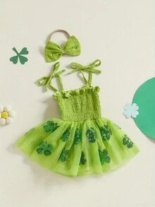 Baby Girls Sleeveless Romper Dress Casual Irish Day Sequin Clover Print Jumpsuit And Headband Set Fashion Clothes