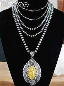 Vintage-Inspired Large Concho Pendant Multi-Layered Necklace For Women, Available In Different Colors To Match Various Outfits, Great As Self-Purchase Or Gift For Best Friends, More Vintage Styles Available In-Store