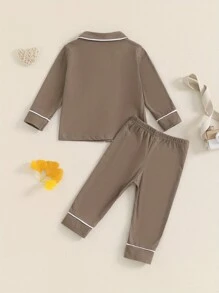 Baby Girl Boy Button Down Pajamas Set Shirt And Pants Toddler Cotton Pjs Long Sleeve Sleepwear - Màu Khaki - Xem 2