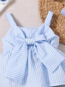 2pcs/Set Baby Girl Spring/Summer Blue Striped Bowknot Blouse & Striped Ruffle Hem Shorts Outfit - Blue - View 5
