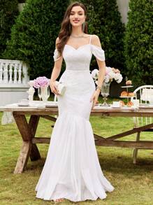 MIUSOL 白色花朵蕾丝露肩鱼尾下摆婚礼派对修身长裙，新娘