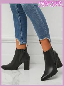 Women's Pointed Toe Chunky Heel Chelsea Boots, Slip-Resistant Outdoor Commuting Faux Leather Ankle Boots, Autumn/Winter, Boots For Women - Black - View 3