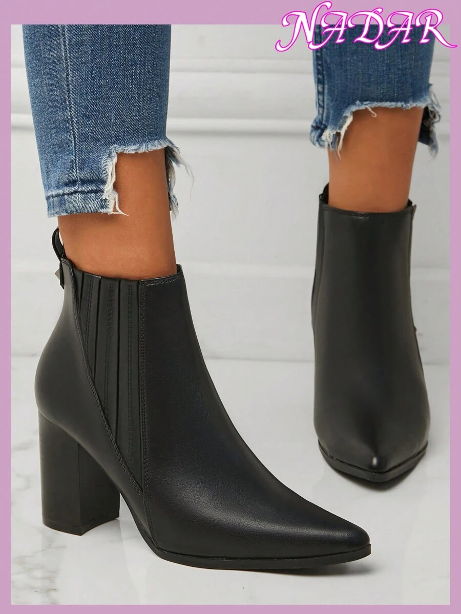 Women's Pointed Toe Chunky Heel Chelsea Boots, Slip-Resistant Outdoor Commuting Faux Leather Ankle Boots, Autumn/Winter, Boots For Women