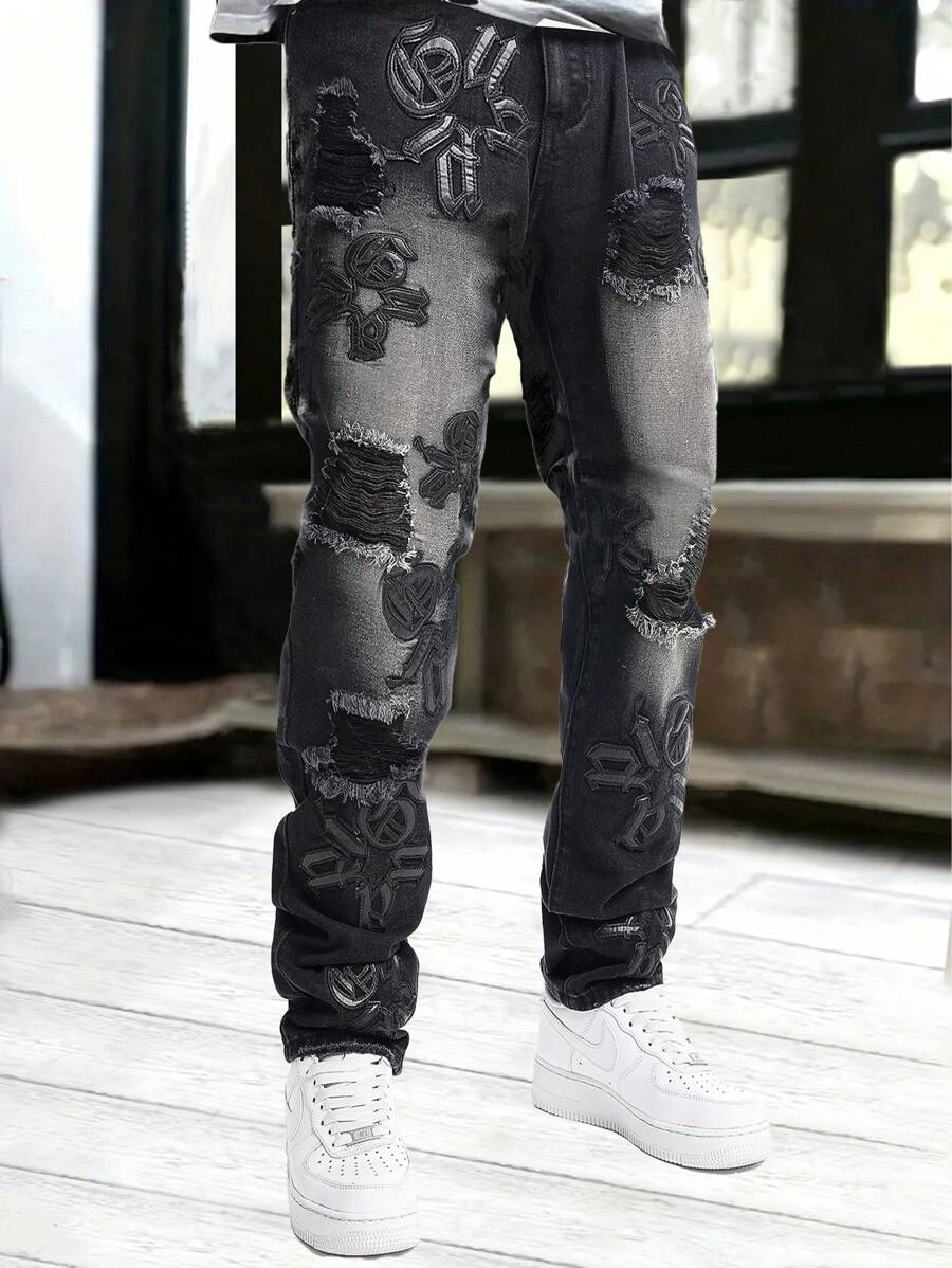 Men's Fashionable Creative Embroidered Letter Slim Fit Denim Jeans - Black - View 1