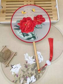 1 Stück vintage Handventilator, chinesischer runder Fächer mit Seide-Stickerei, Kranich-Blumen Heim- und Raumdekoration, Tanzfächer mit Quasten, Party-Requisiten, Weihnachts-, Valentinstags- und Neujahrgeschenk