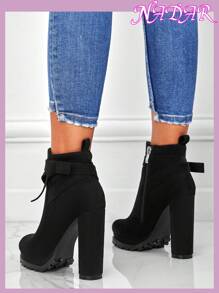 Women's Autumn/Winter Side Zipper Butterfly Decor Waterproof Platform Round Toe Anti-Slip High Heel Ankle Boots, Fashionable & Versatile Suede-Like Short Booties,Boots For Women