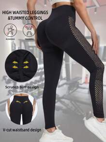 女士瑜伽运动裤高腰高弹力提臀紧身裤镂空运动服贴身柔软面料性感撞色网眼提臀束腰休闲简约渔网宽腰带无缝健身渔网运动裤骑行裤训练跑步健身房骑行女吸汗透气紧身